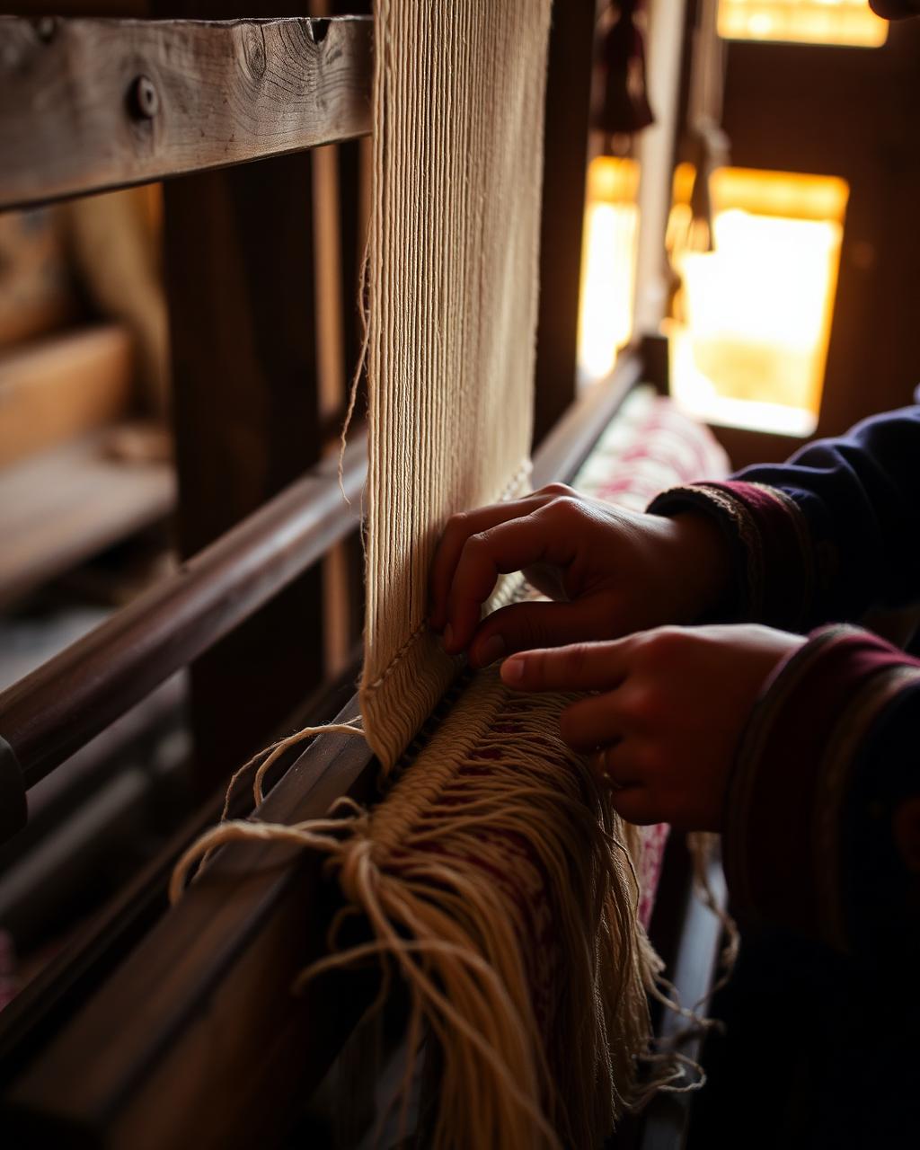 Artisan hands knotting a silk carpet on a traditional Kashmiri loom